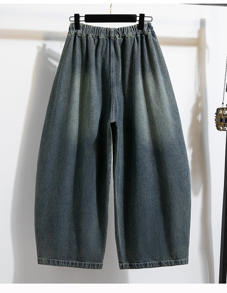S～5XL ポケット付き ヴィンテージ加工 ボタン 無地 ロング丈 ジーンズ
