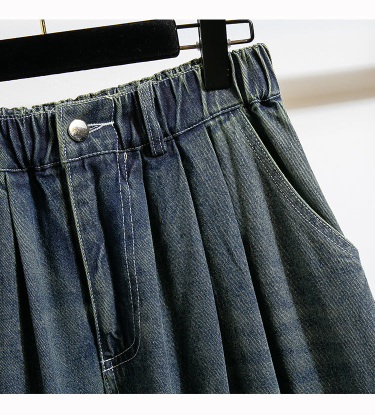 S～5XL ポケット付き ヴィンテージ加工 ボタン 無地 ロング丈 ジーンズ