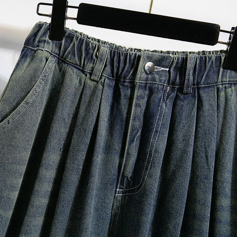 S～5XL ポケット付き ヴィンテージ加工 ボタン 無地 ロング丈 ジーンズ
