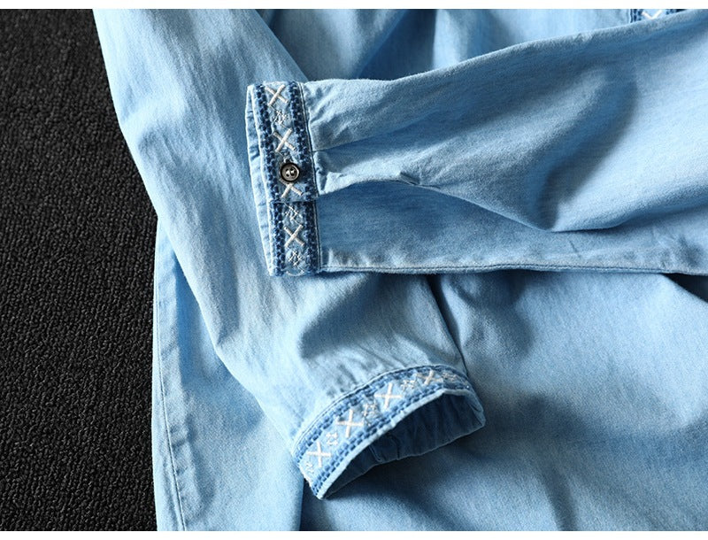 コットン 花模様 ラウンドネック 刺繍 長袖 シャツ