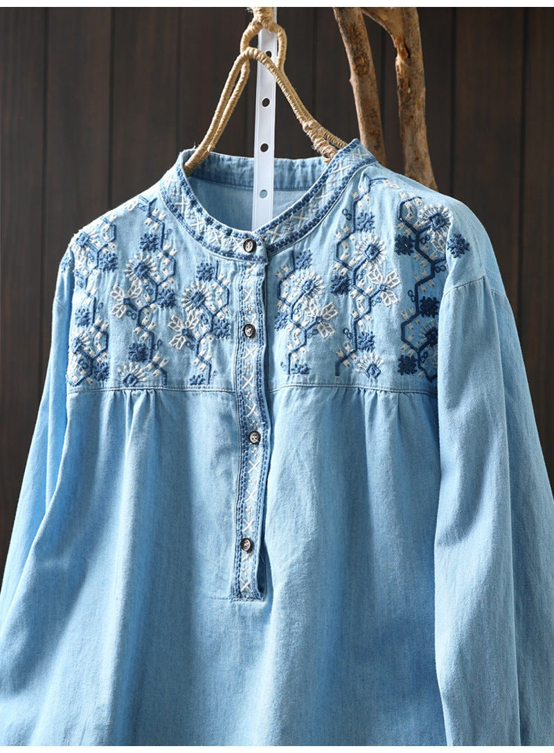 コットン 花模様 ラウンドネック 刺繍 長袖 シャツ