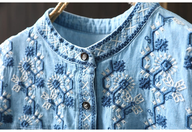 コットン 花模様 ラウンドネック 刺繍 長袖 シャツ