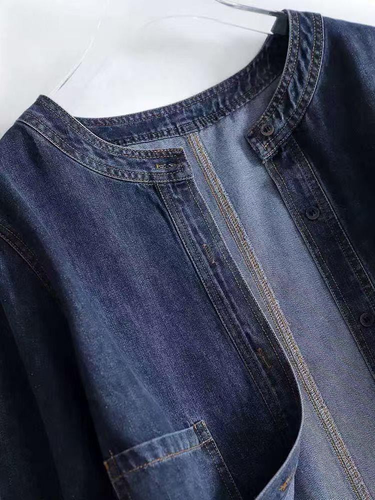 ノーカラー 前ボタンデニムジャケット