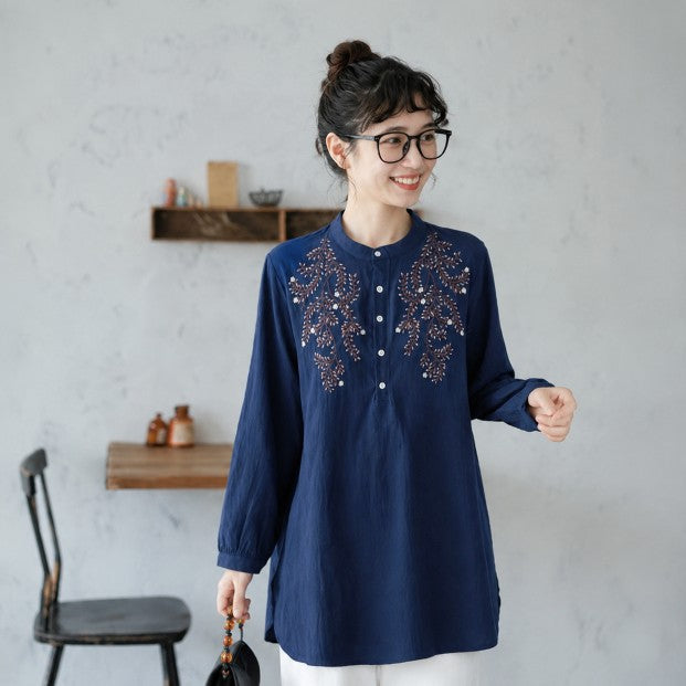 スタンドカラー 刺繍 ロング丈 シャツ