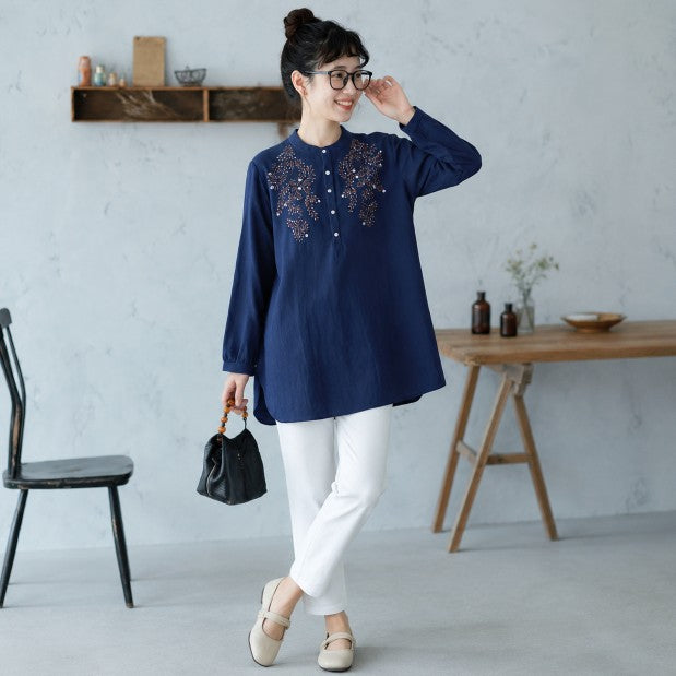 スタンドカラー 刺繍 ロング丈 シャツ