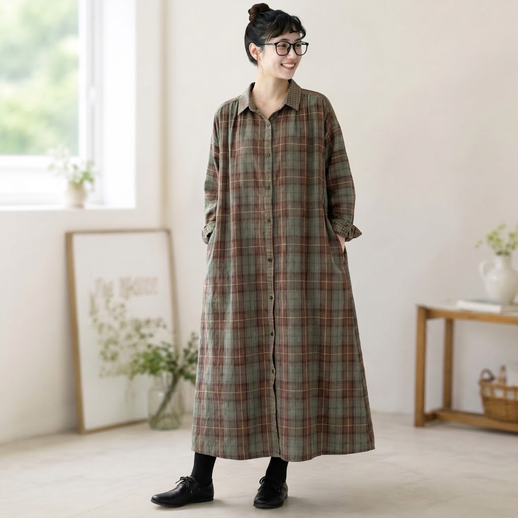 コットン 長袖 ボタン 切り替え シャツ袖 チェック柄 シャツワンピース