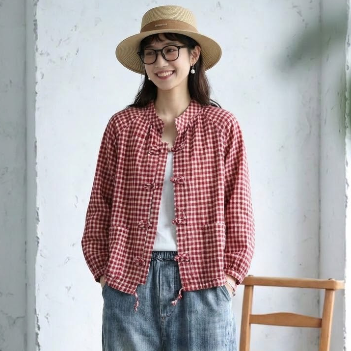 綿麻 チェック柄 長袖 バルーンスリーブ ボタン レトロ シャツ