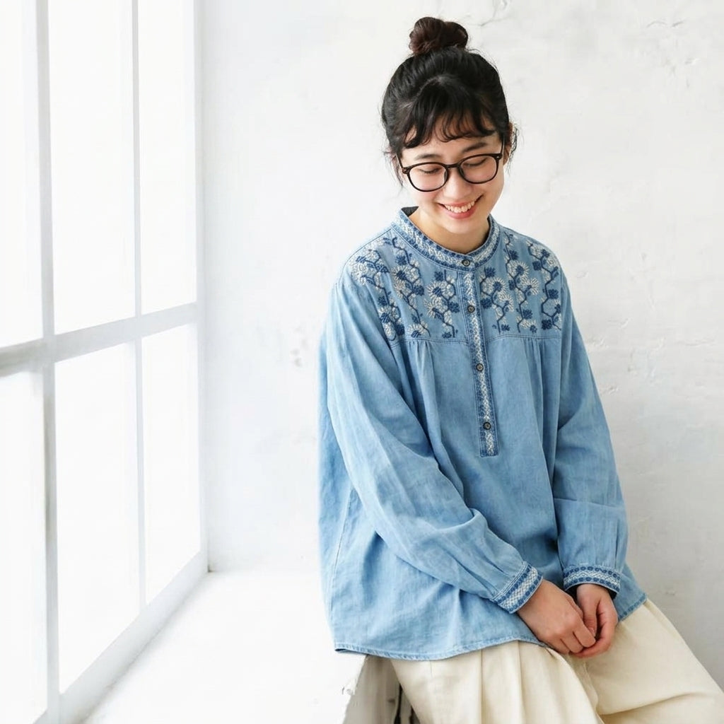 コットン 花模様 ラウンドネック 刺繍 長袖 シャツ