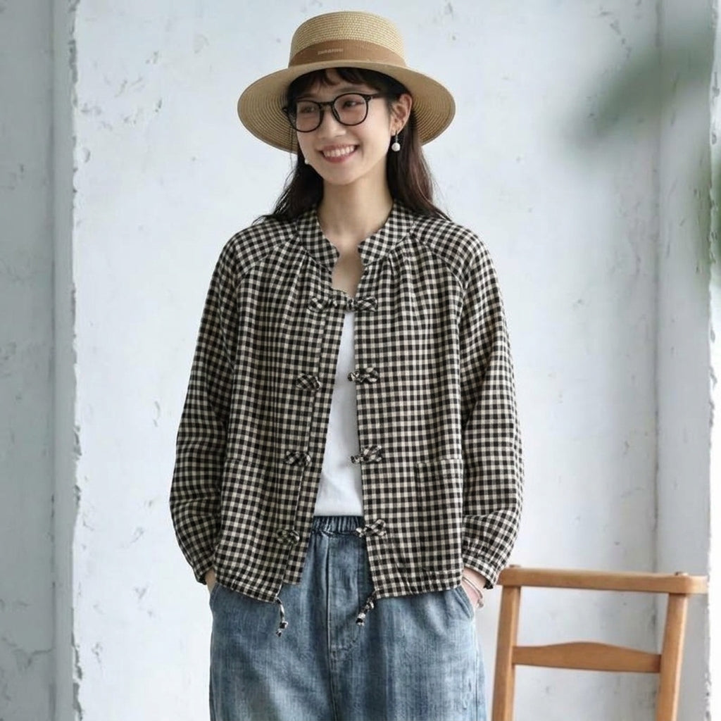 綿麻 チェック柄 長袖 バルーンスリーブ ボタン レトロ シャツ