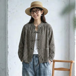 綿麻 チェック柄 長袖 バルーンスリーブ ボタン レトロ シャツ