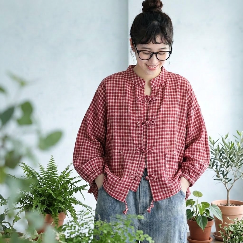 綿麻 チェック柄 長袖 バルーンスリーブ ボタン レトロ シャツ