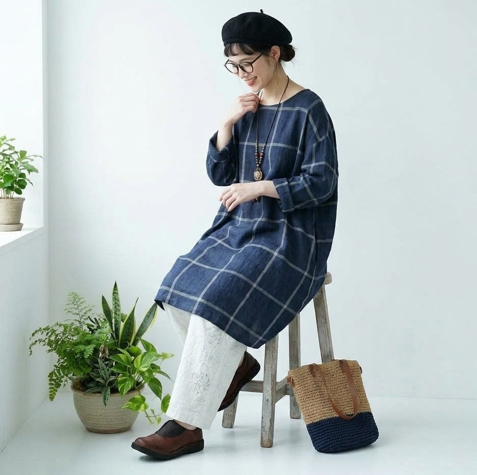 M～4XL コットン ポケット付き チェック柄 長袖ワンピース