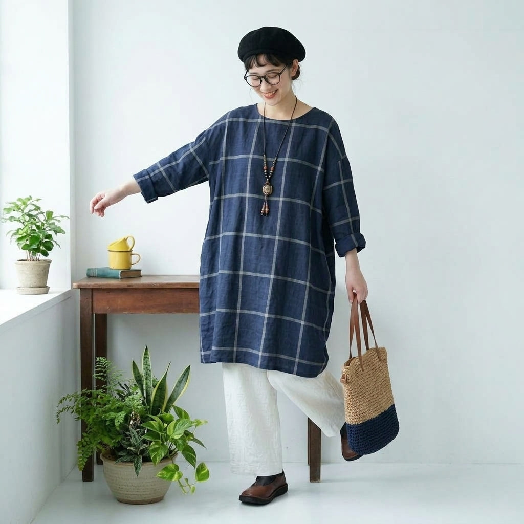 M～4XL コットン ポケット付き チェック柄 長袖ワンピース