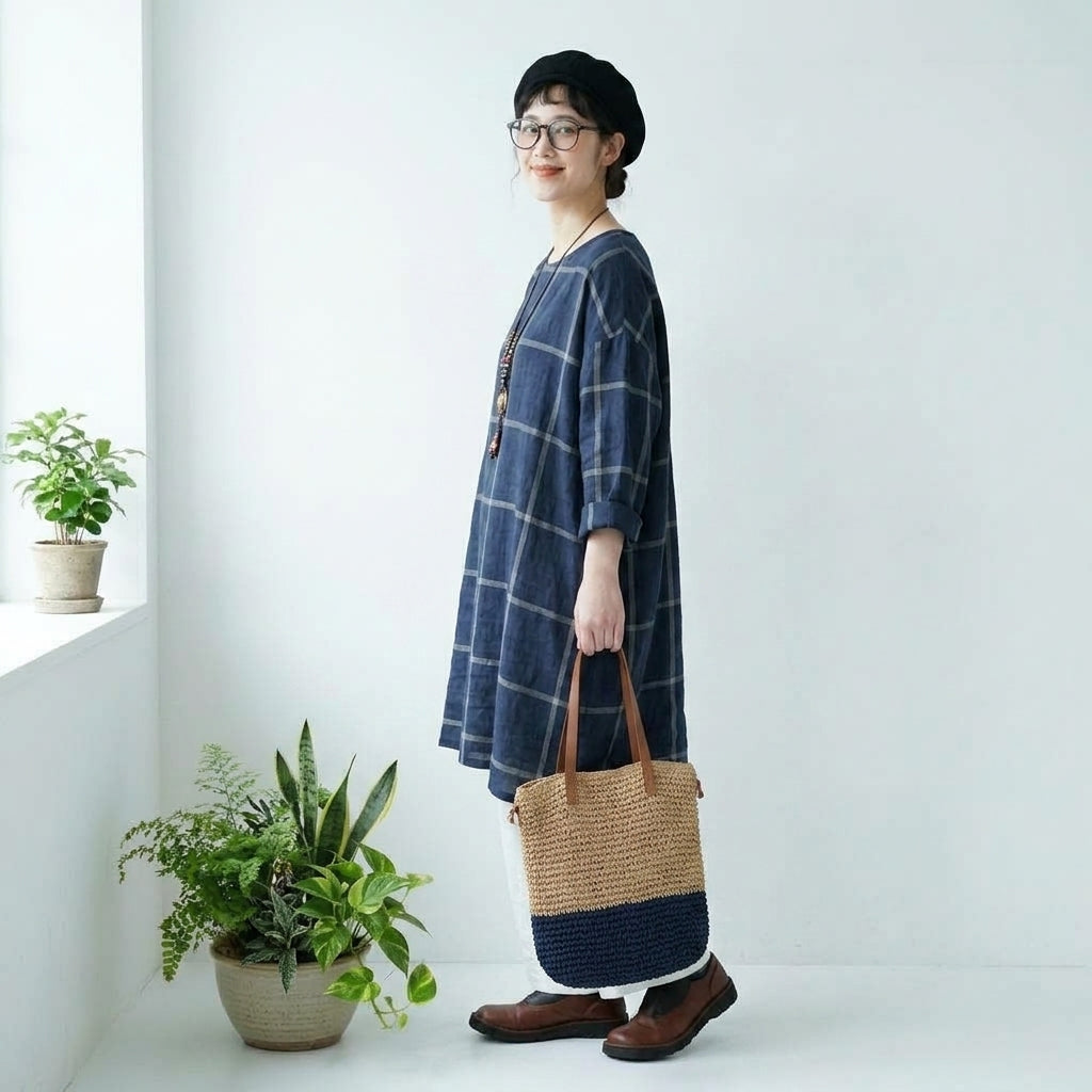 M～4XL コットン ポケット付き チェック柄 長袖ワンピース