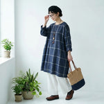 M～4XL コットン ポケット付き チェック柄 長袖ワンピース