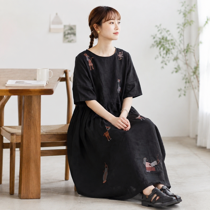 リネン 刺繍 丸首 半袖 Aライン ワンピース