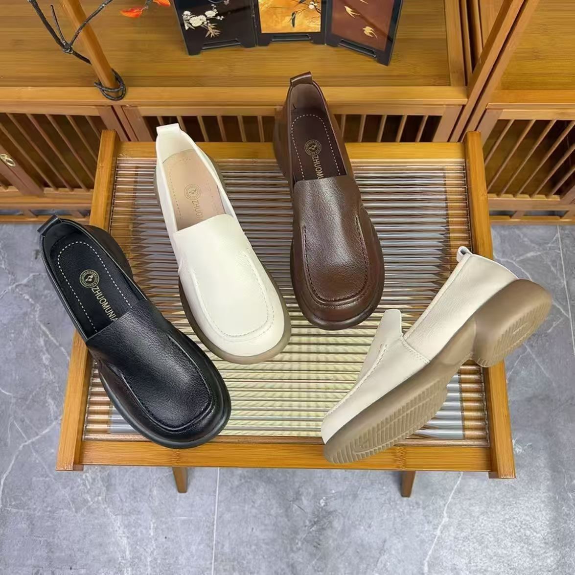 厚底シューズ 無地 レトロ ラウンドトゥ ローファー