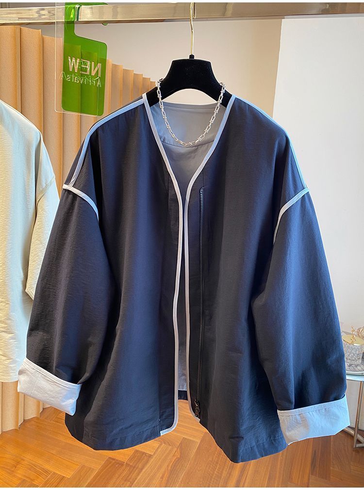 M～4XL ドロップショルダー 長袖 無地 配色 ジャケット