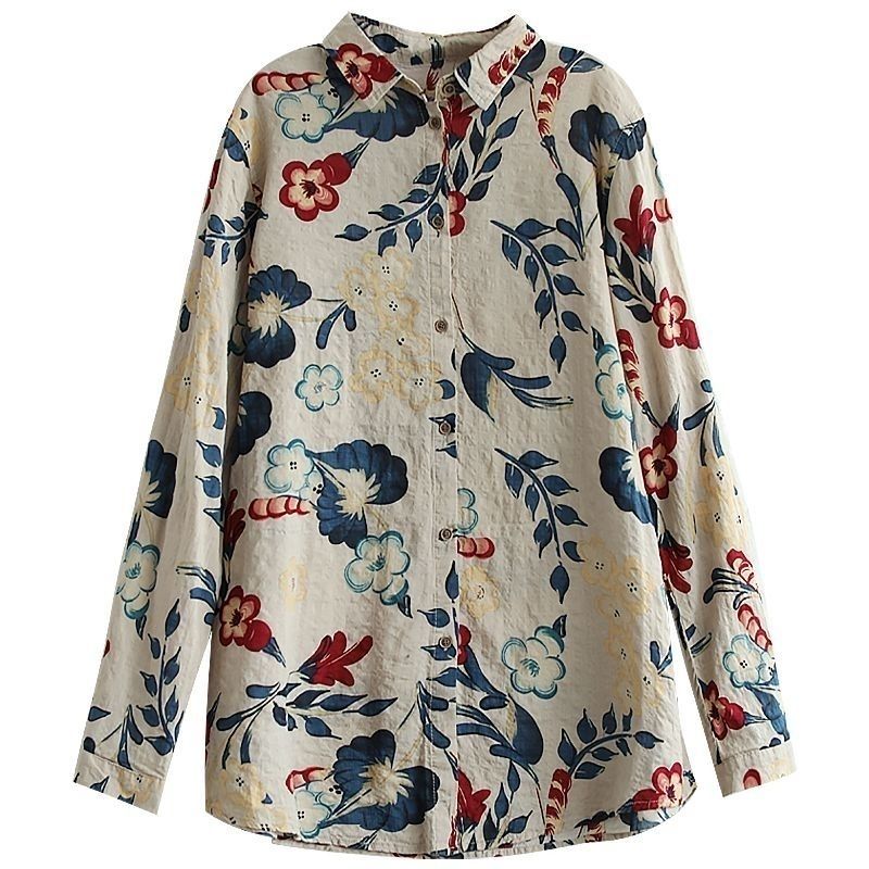 M～4XL 綿麻 花柄プリント 長袖 シャツ