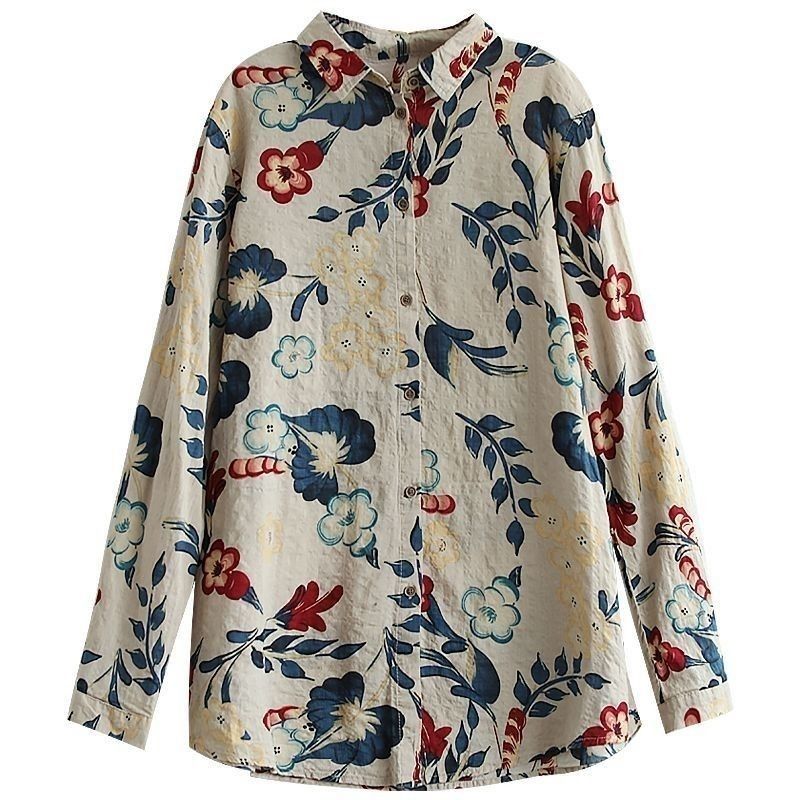 M～4XL 綿麻 花柄プリント 長袖 シャツ