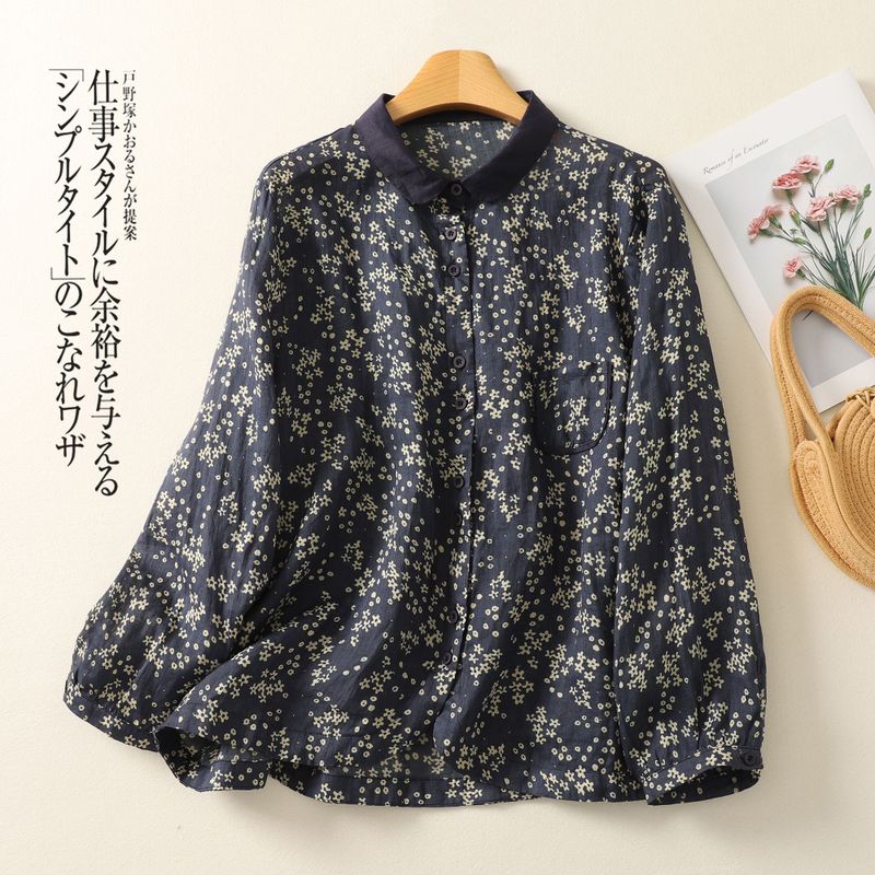 リネン プリント 総柄 長袖 花柄 シャツ