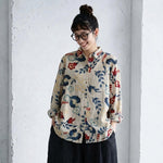 M～4XL 綿麻 花柄プリント 長袖 シャツ