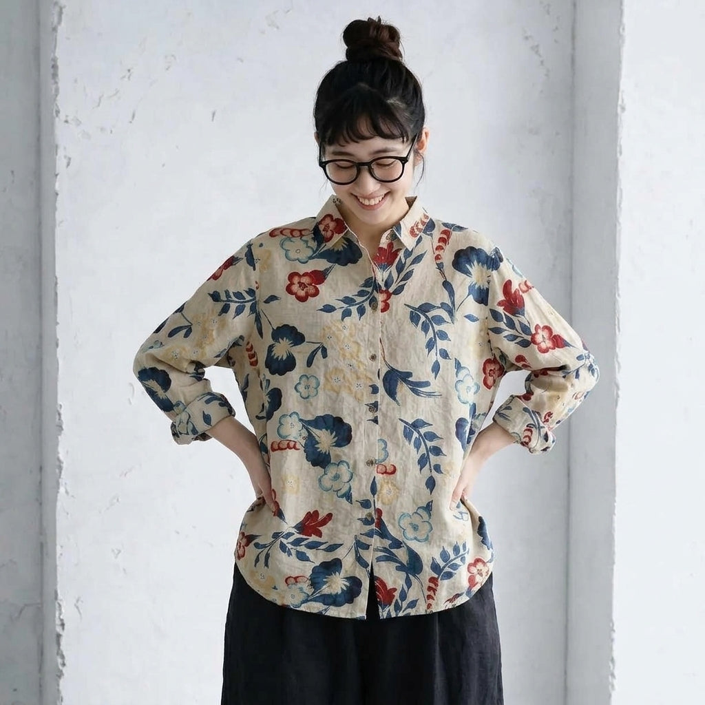 M～4XL 綿麻 花柄プリント 長袖 シャツ