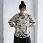 M～4XL 綿麻 花柄プリント 長袖 シャツ