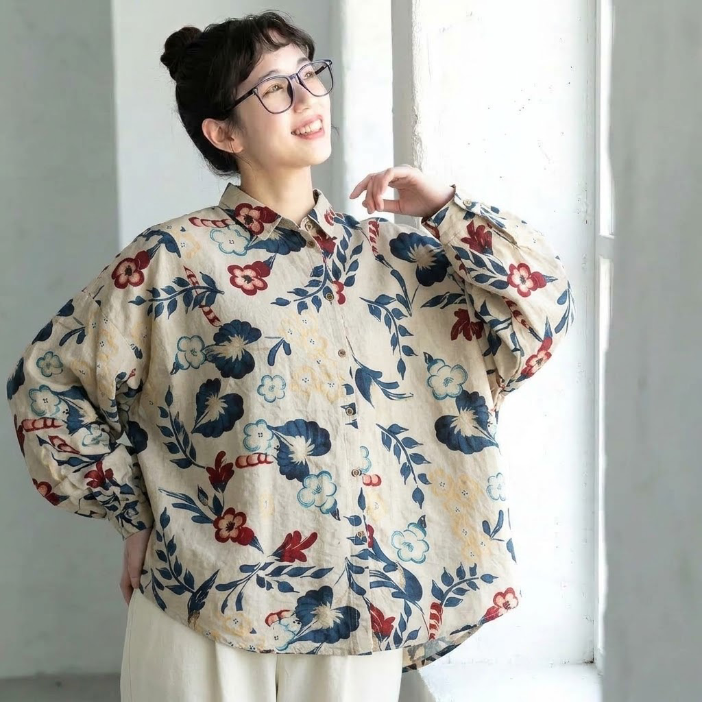 M～4XL 綿麻 花柄プリント 長袖 シャツ