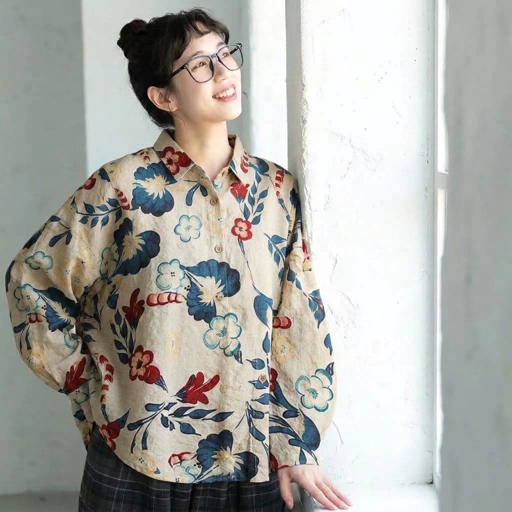 M～4XL 綿麻 花柄プリント 長袖 シャツ