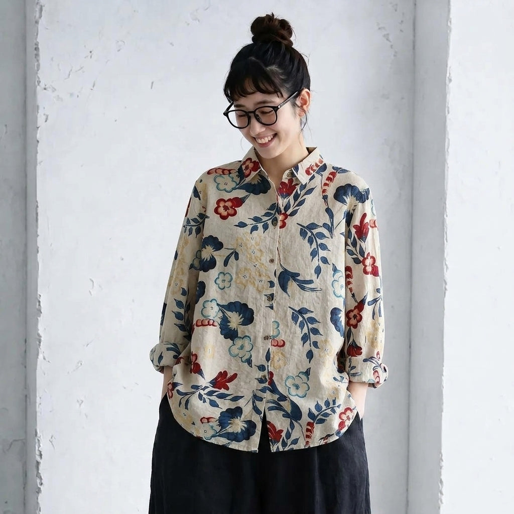 M～4XL 綿麻 花柄プリント 長袖 シャツ