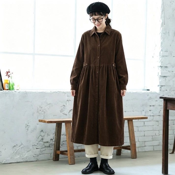 コーデュロイ シャツカラー ギャザー ロング丈 ワンピース