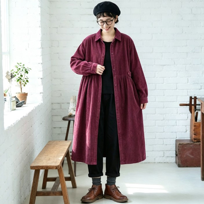 コーデュロイ シャツカラー ギャザー ロング丈 ワンピース
