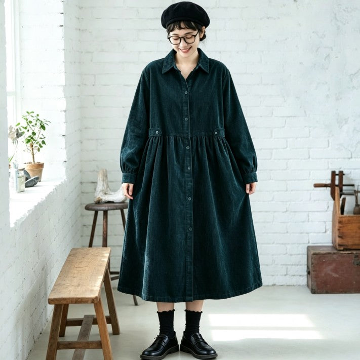 コーデュロイ シャツカラー ギャザー ロング丈 ワンピース