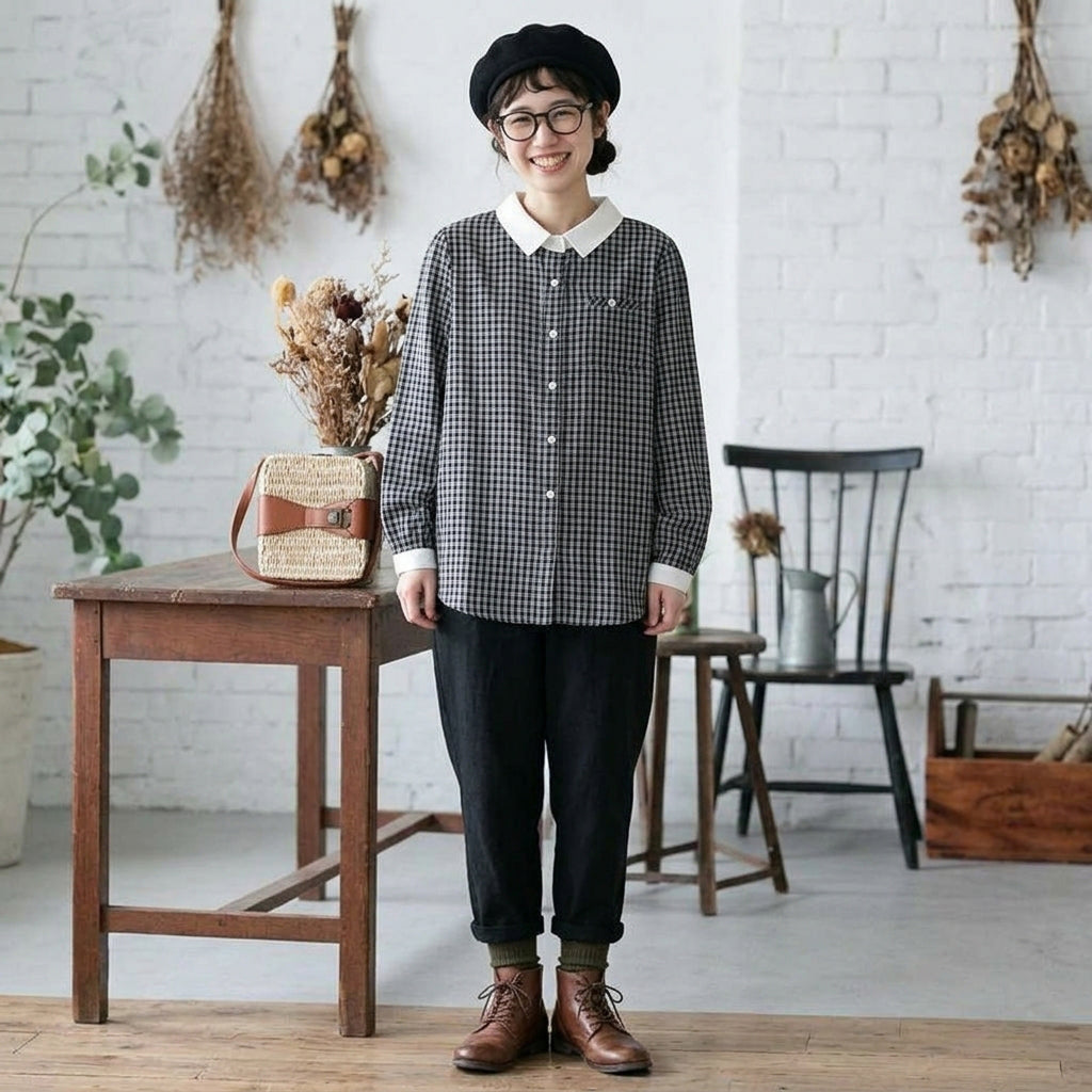 配色切り替え 刺繍デザイン 長袖 シャツ