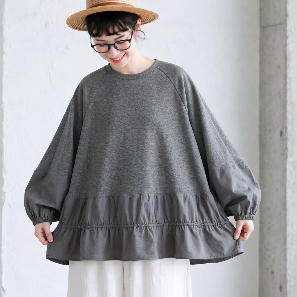 M～4XL 長袖 無地 切り替え ランタンスリーブ パーカー