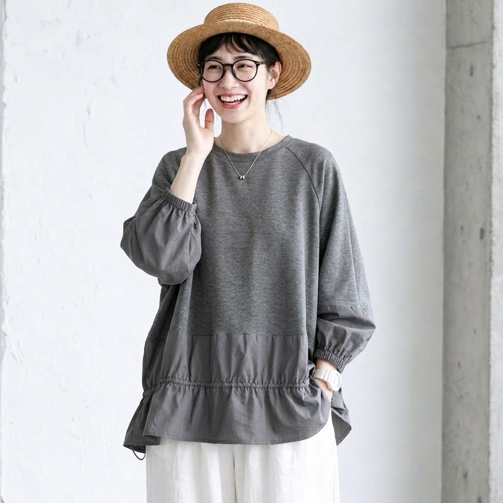 M～4XL 長袖 無地 切り替え ランタンスリーブ パーカー