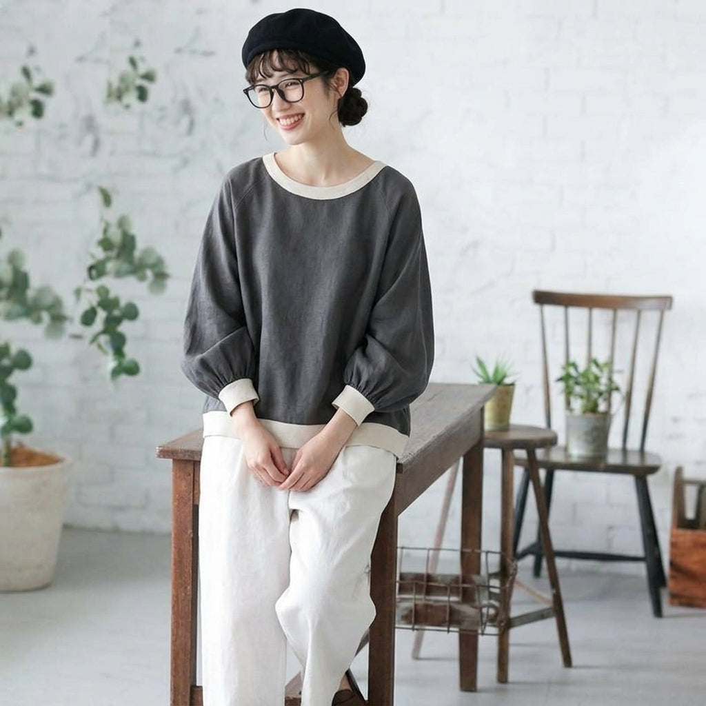 配色 ドルマンスリーブ ラウンドネック 長袖 Tシャツ