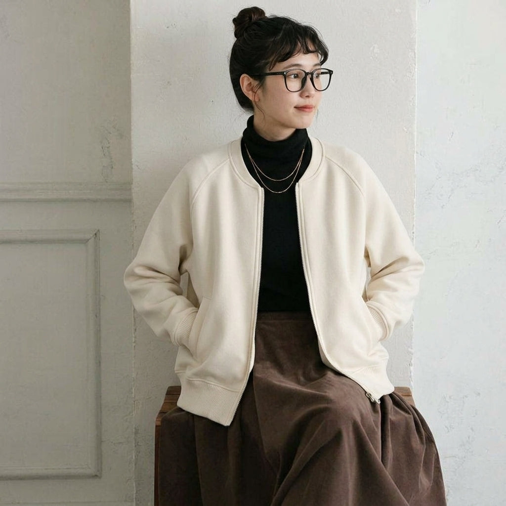 ファスナー ラウンドネック 無地 長袖 ジャケット