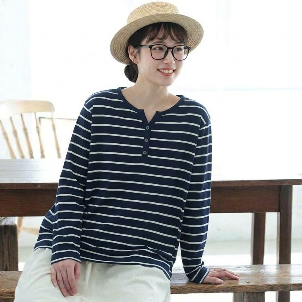 Vネック ボーダー 長袖 ボタン Tシャツ