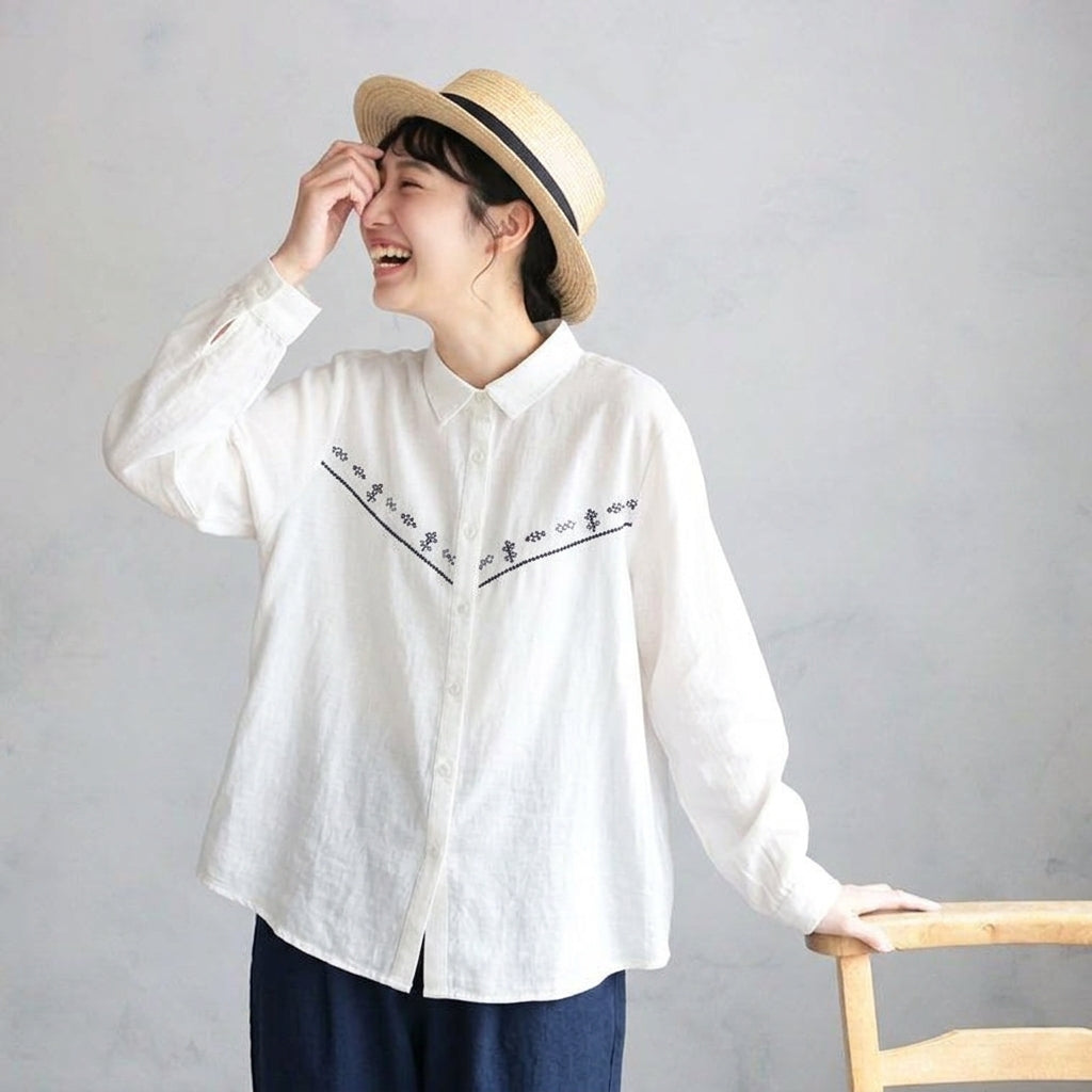 長袖 刺繍 折り襟 ボタン開き シャツ