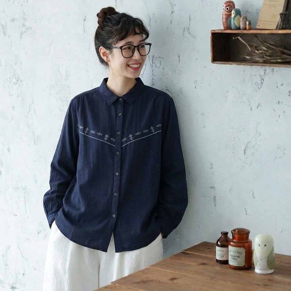 長袖 刺繍 折り襟 ボタン開き シャツ