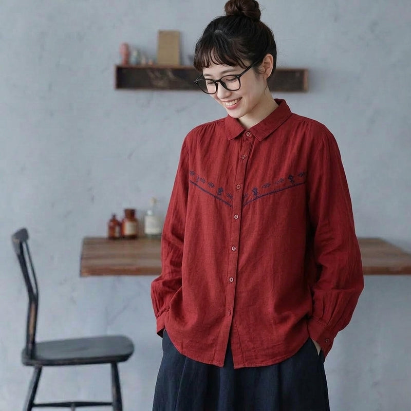 長袖 刺繍 折り襟 ボタン開き シャツ