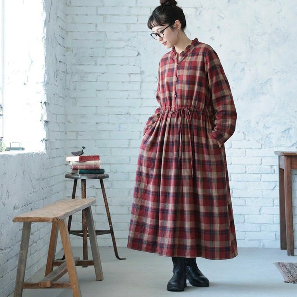 3色展開 チェック柄 スタンドネック ボウタイ Aライン ワンピース