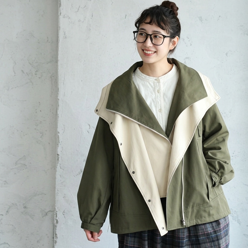 M～4XL 重ね着風 フード付き 配色 ジャケット