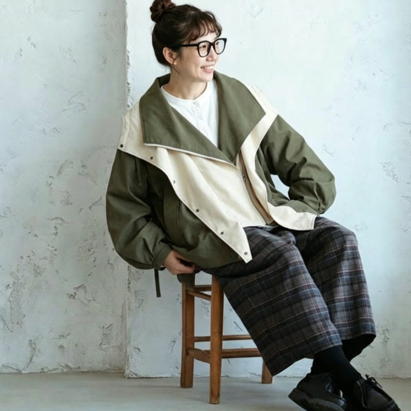 M～4XL 重ね着風 フード付き 配色 ジャケット
