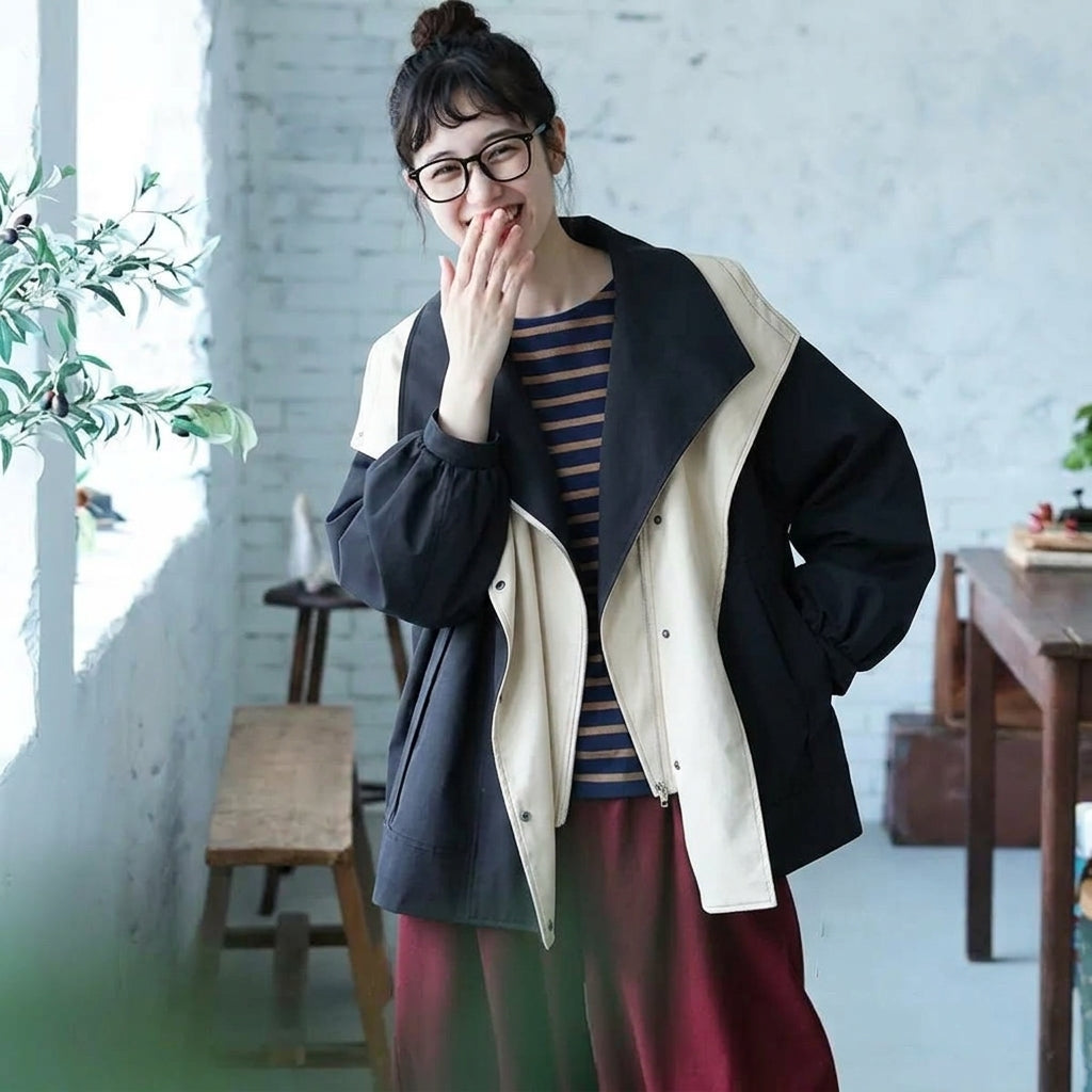 M～4XL 重ね着風 フード付き 配色 ジャケット