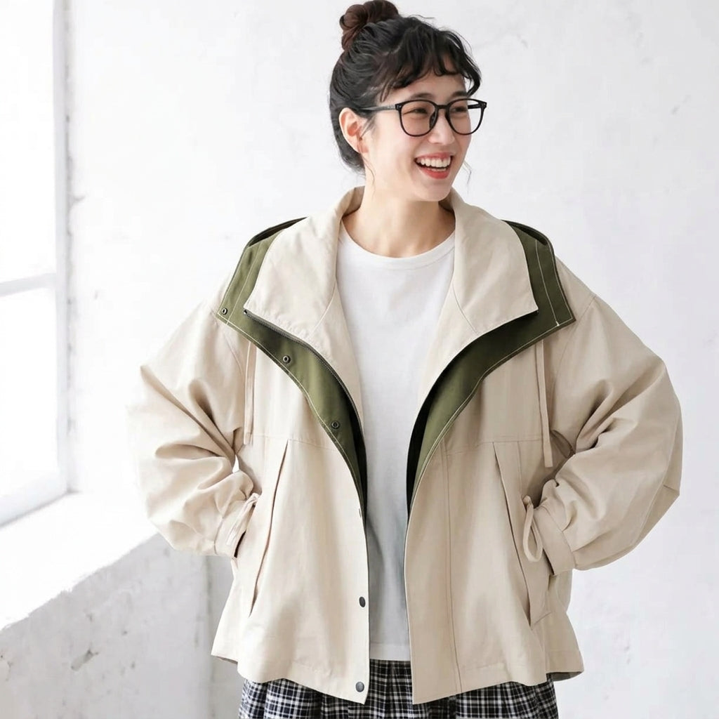 M～4XL 重ね着風 フード付き 配色 ジャケット