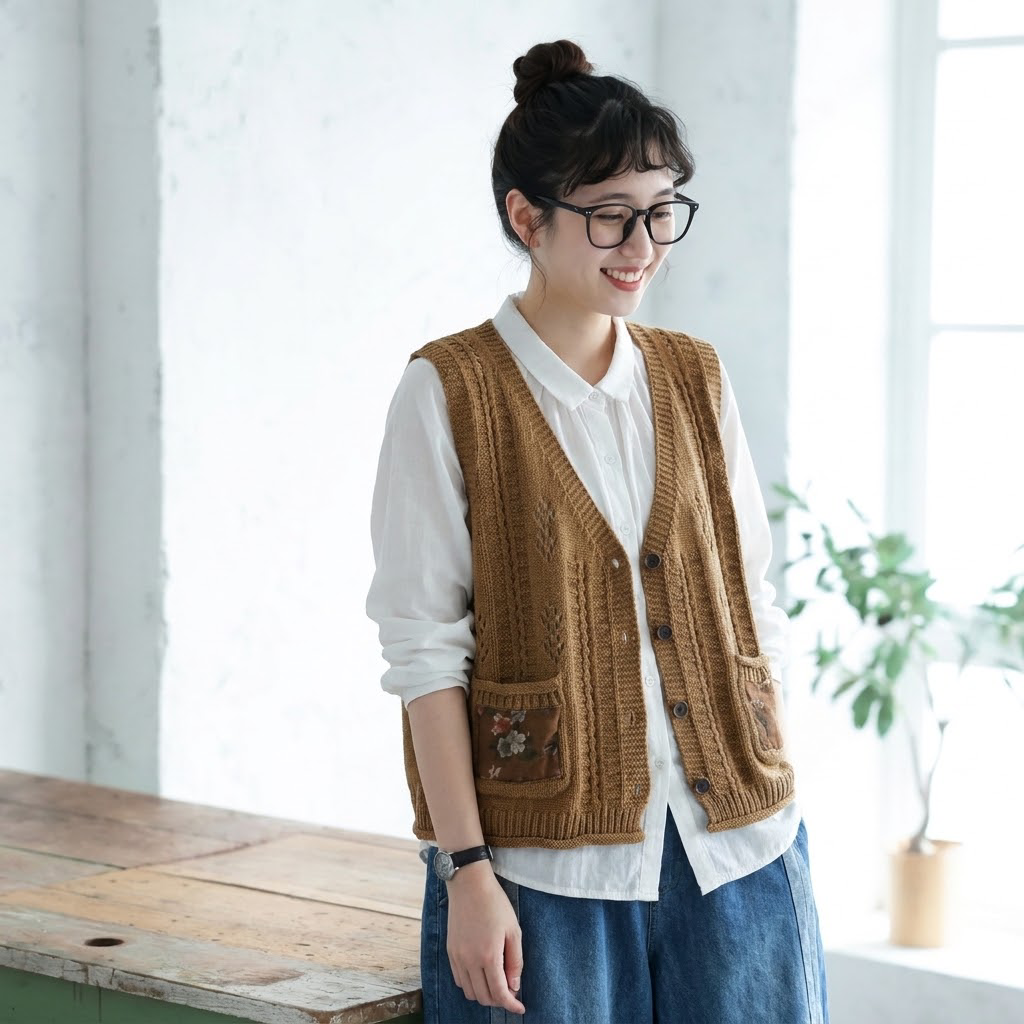 切り替え レトロ シングルブレスト Vネック ノースリーブ ベスト