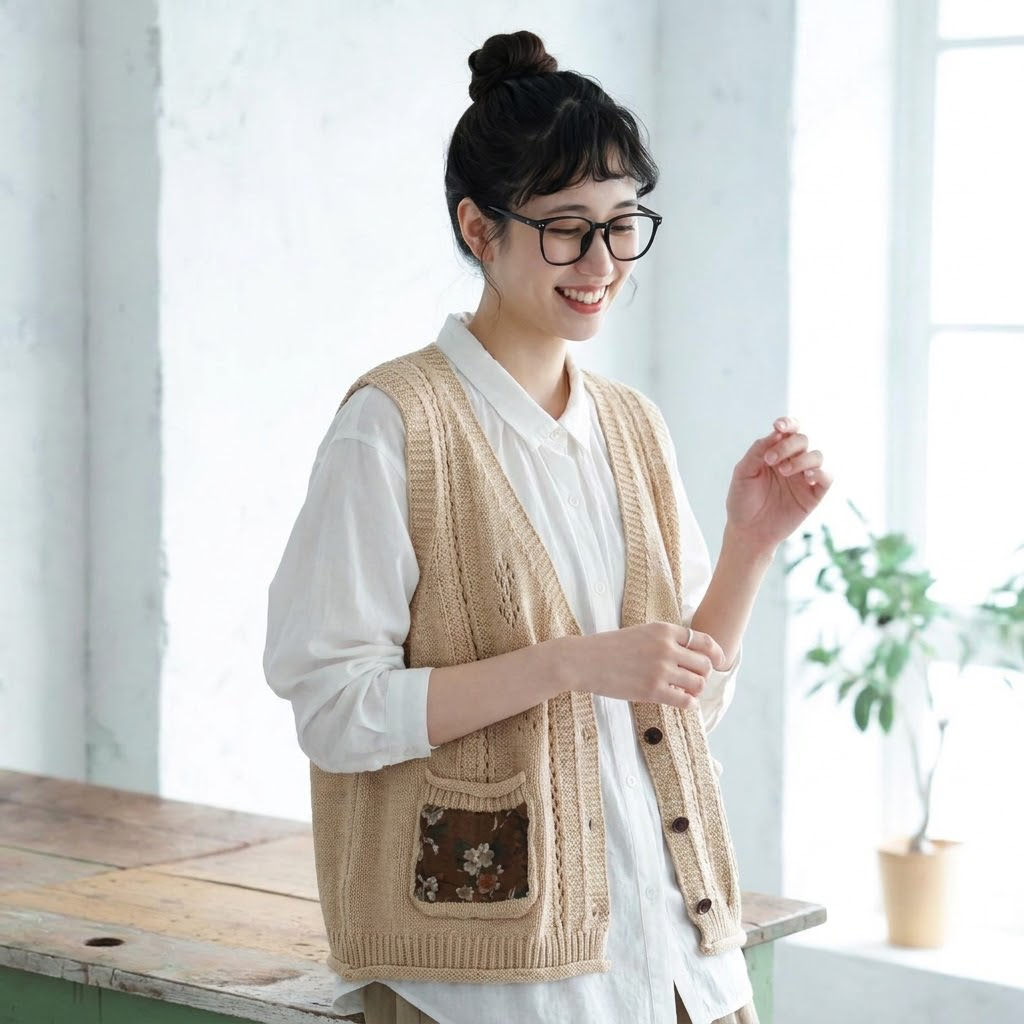 切り替え レトロ シングルブレスト Vネック ノースリーブ ベスト